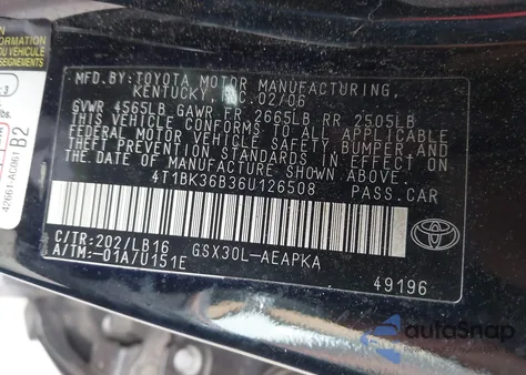 2006 Toyota Avalon Limited z USA, uszkodzony, nr VIN 4T1BK36B36U126508